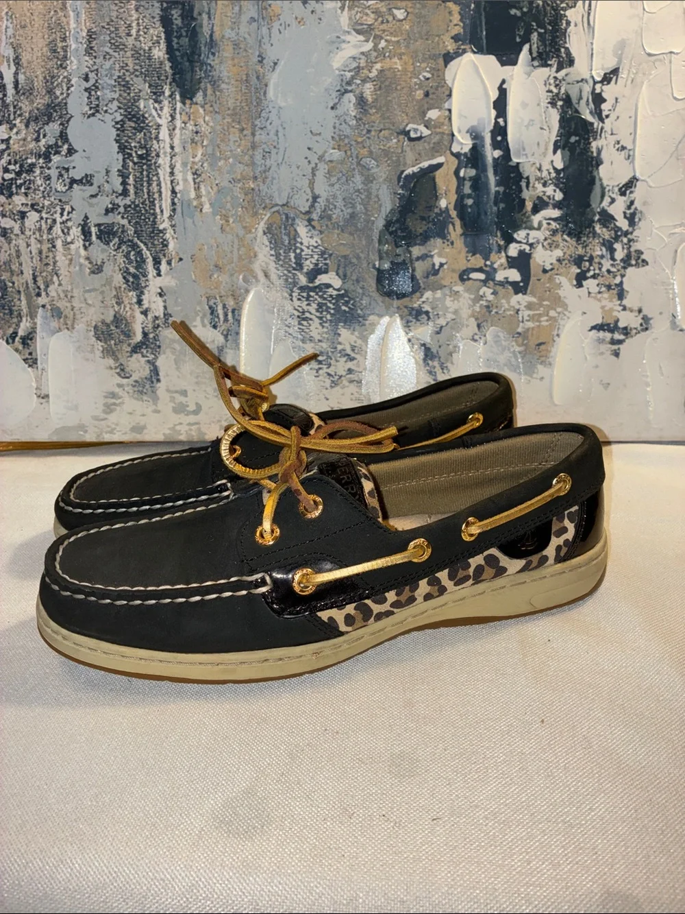 Genuine Sperry Black Leather Boat Shoes with Leopard Accent - Women’s Size 7.5